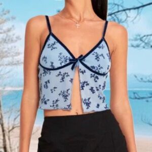Motel Rocks Blue Floral Rumako Crop Top Velvet Bow detailing